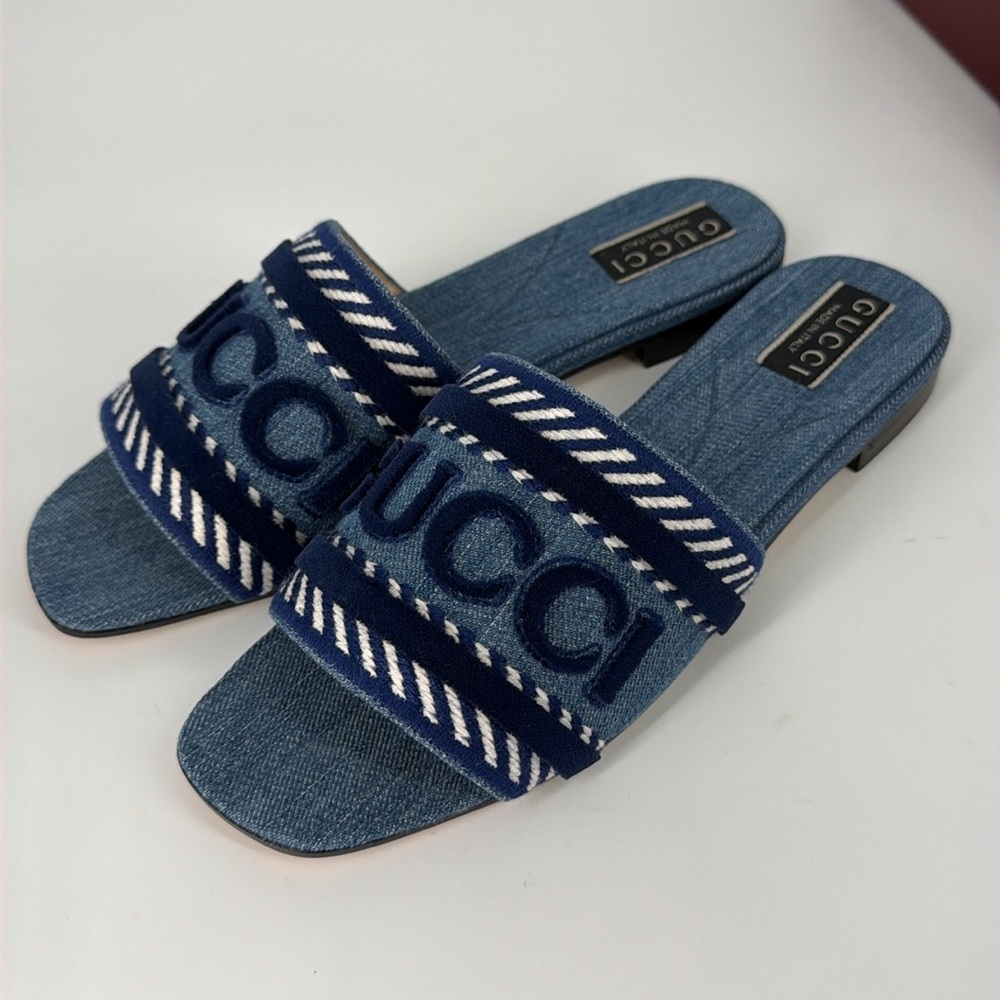 Gucci 39 Denim Jean Jane Logo Blue Stripe Slides Sandals E947 - Picture 7 of 14